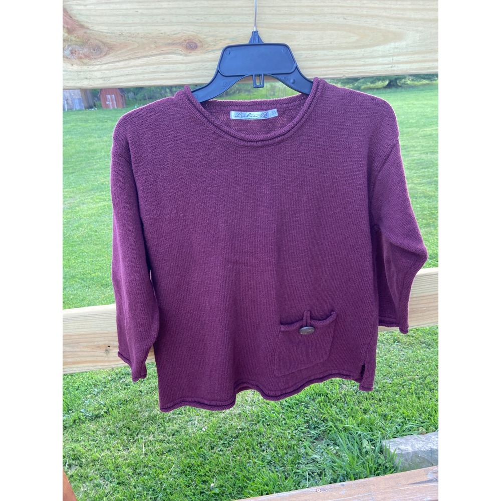 Lulu-B Wine Burgundy Cotton Knit 3/4 Sleeve Button Pocket Sweater S/M